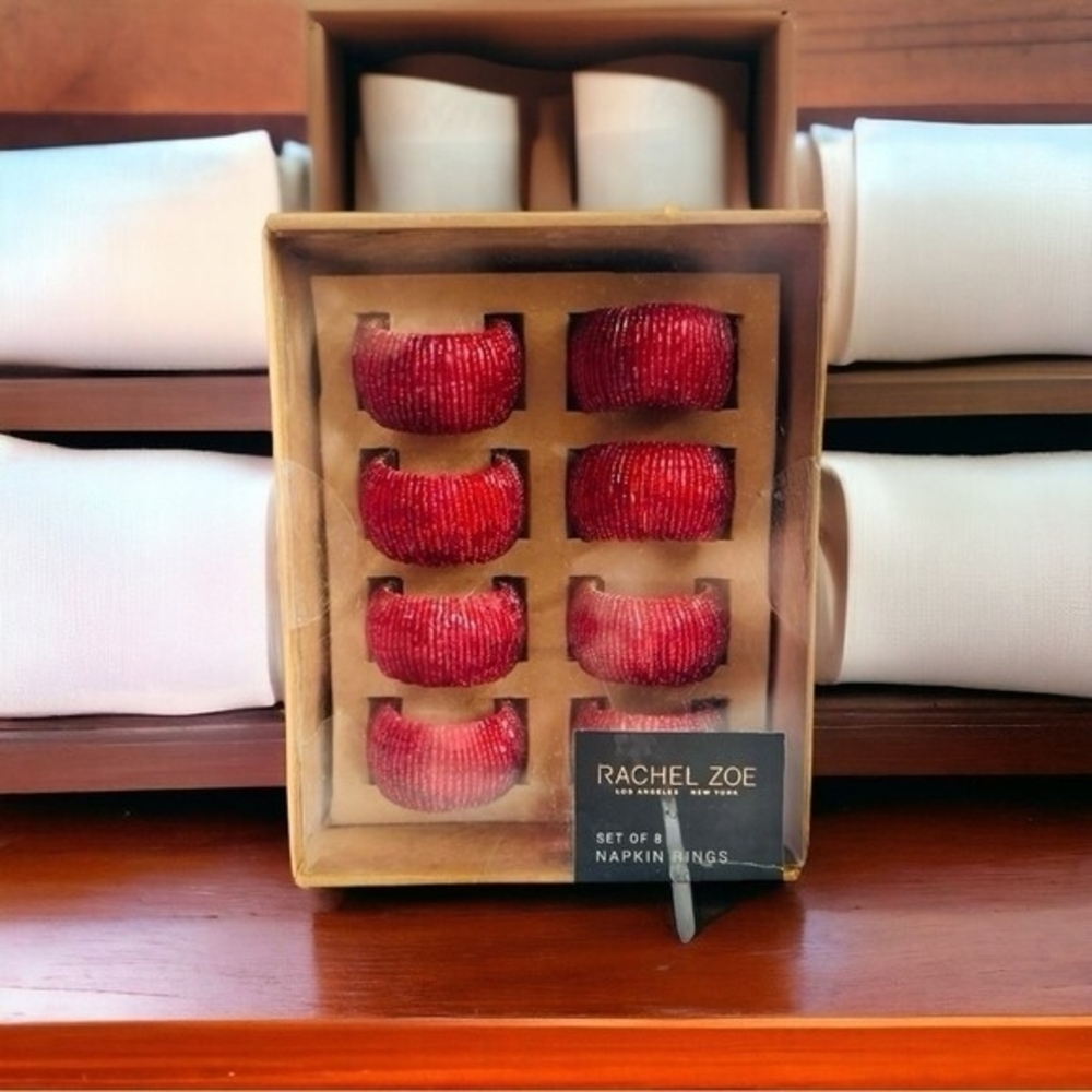 Rachel Zoe Red Beaded Napkin Rings Set of 8 Handmade Table Decor New in Box